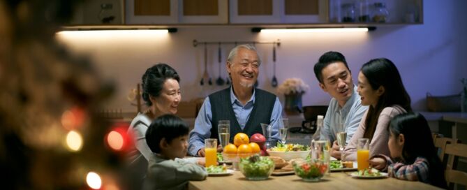 Three Generation Asian, Family, Gathering Home, Having, Dinner, Celebrating holiday Holidays are Good Time to Talk with Parents About Retirement Plans