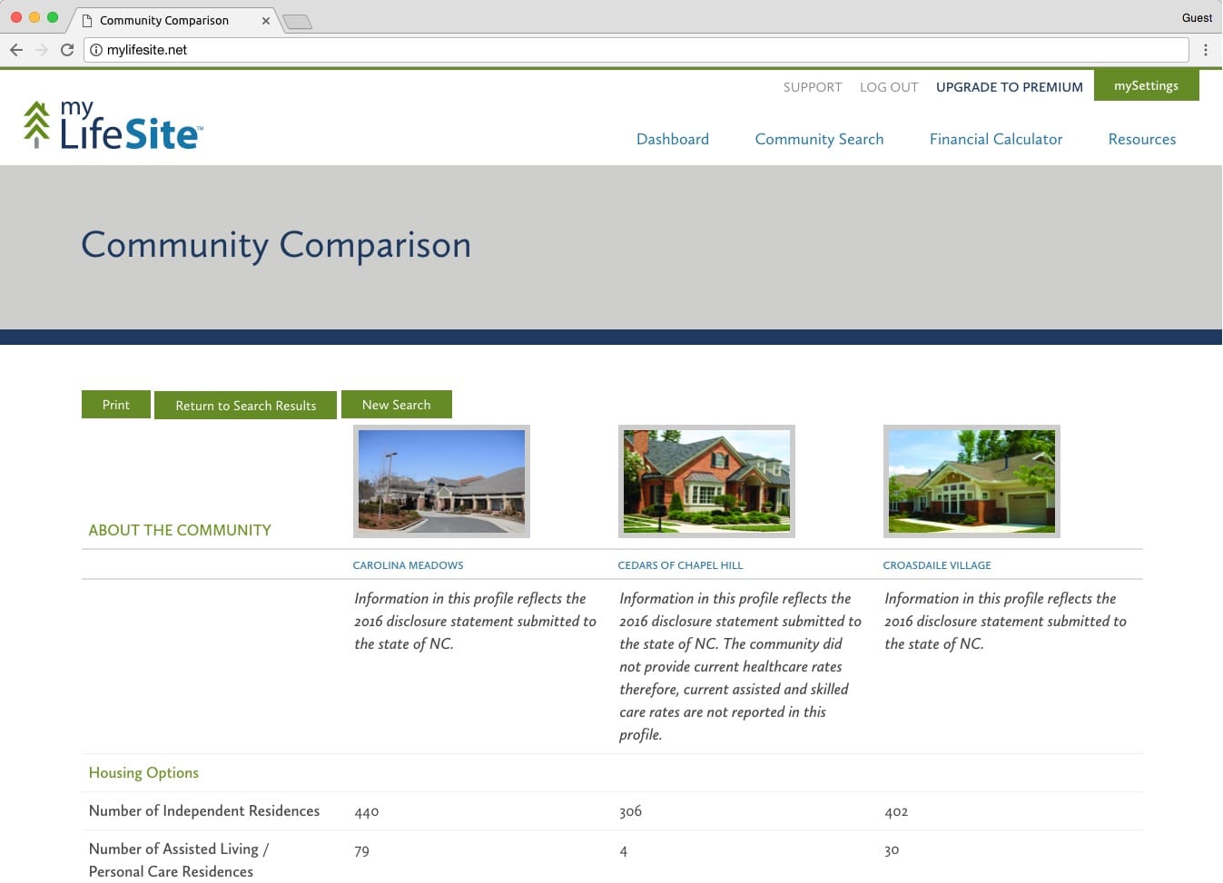 CCRC community comparison screenshot