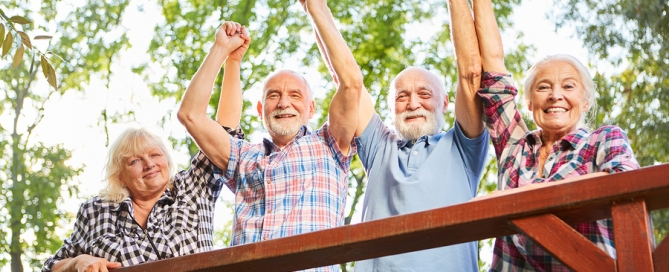 Group of seniors cheers together on a summer excursion