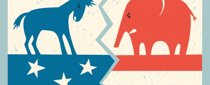 political divisions at CCRCs democrat donkey versus republican elephant political illustration