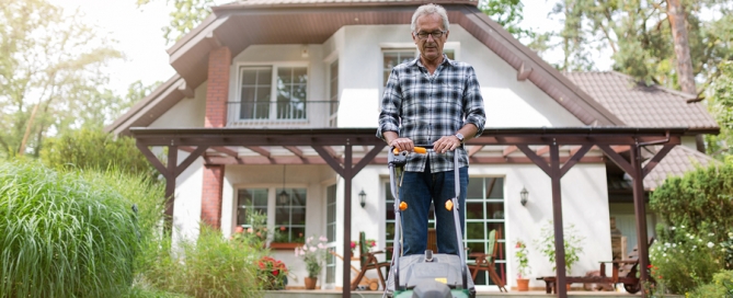 selling your home Elderly man mowing the lawn