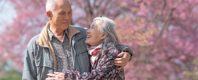terminology ccrc lifecare lifeplan community Happy old couple smiling in a park.mature couple with cherry blossom tree