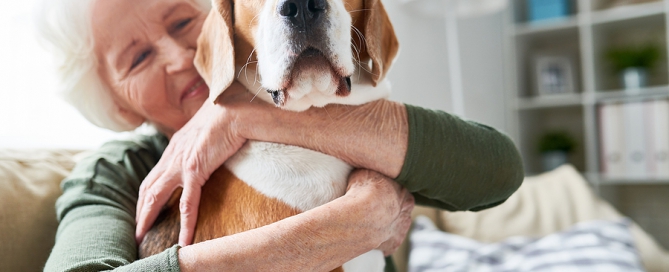 Portrait of elegant senior woman hugging pet dog ; history of senior living and assisted living