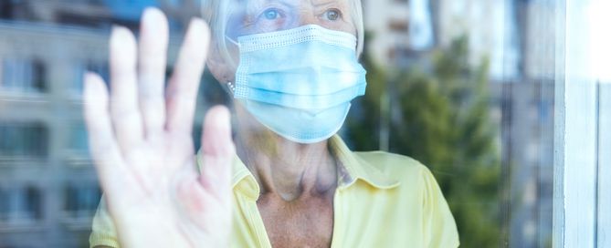 Elderly Caucasian Women Wearing Protective Face Mask, In Home pandemic lonely senior