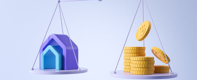 Balanced Scale With Abstract House Sign And Dollar Coins, senior living community or inheritance; aging in place