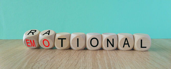 Rational vs. emotional symbol. Turned wooden cubes and changed the word 'rational' to 'emotional' senior living decision