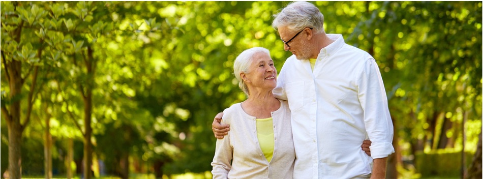 Retired senior citizens walking together